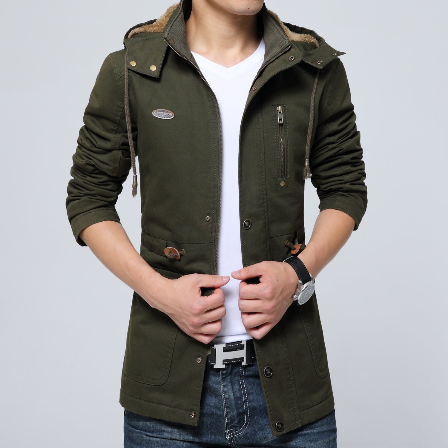 Autumn and winter new men's plus velvet trench coat