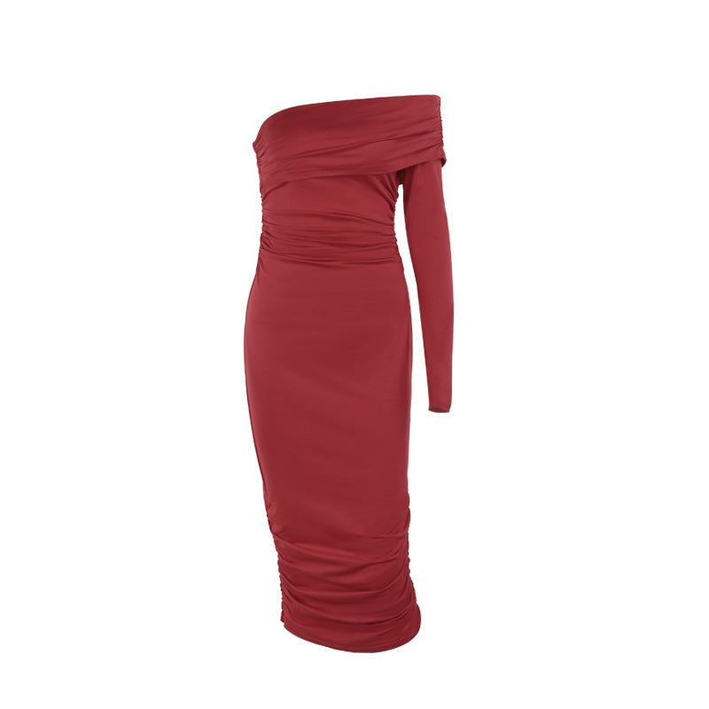 Vestido plisado de manga larga con un solo hombro para mujer