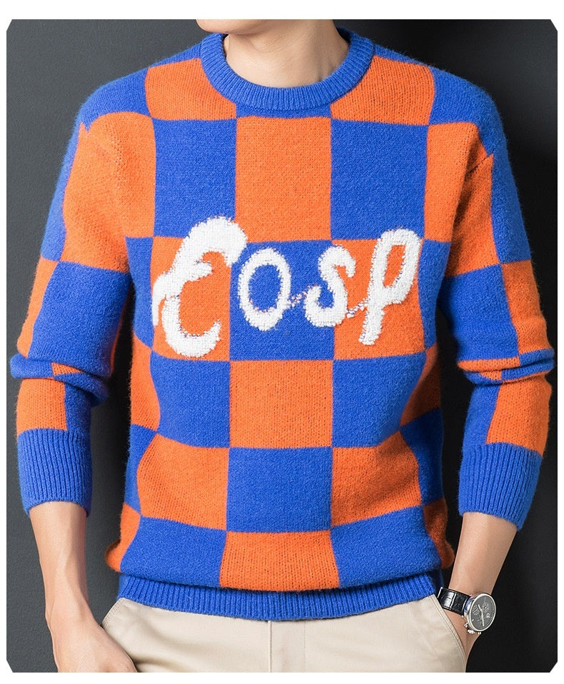 Suéter de cuadros con cuello redondo, suave, cálido y grueso