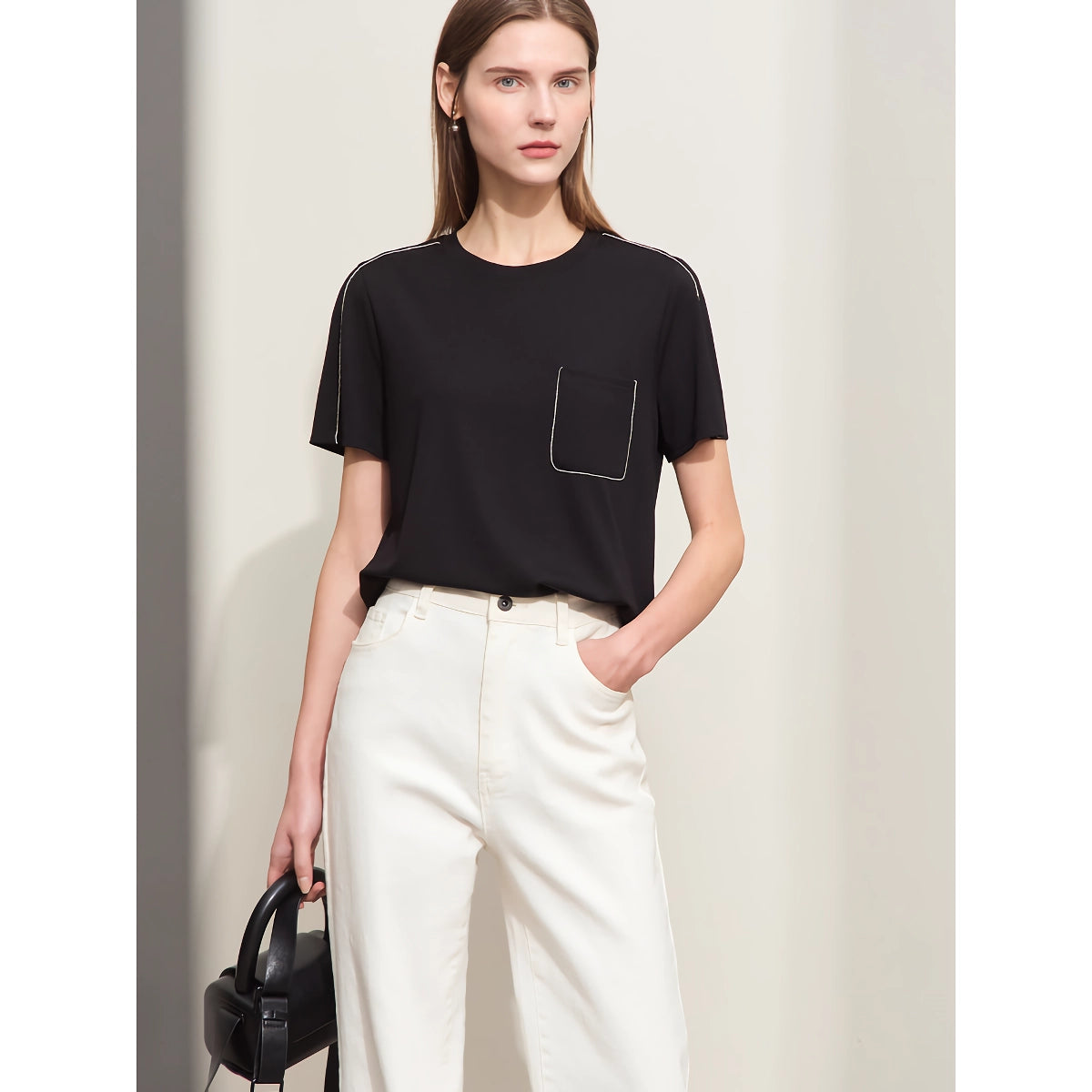 Camiseta minimalista informal de manga corta y cuello redondo para mujer