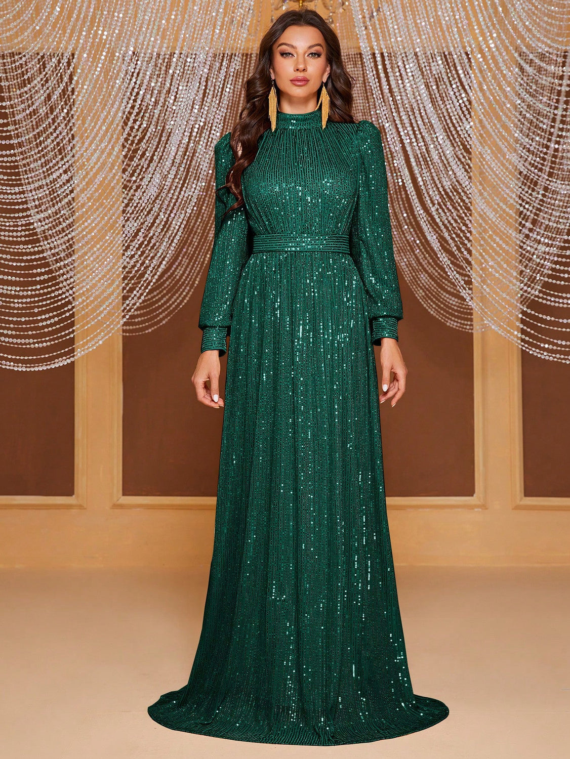 Vestido de noche largo con cuello alto y manga larga con lentejuelas de color puro, sencillo y elegante