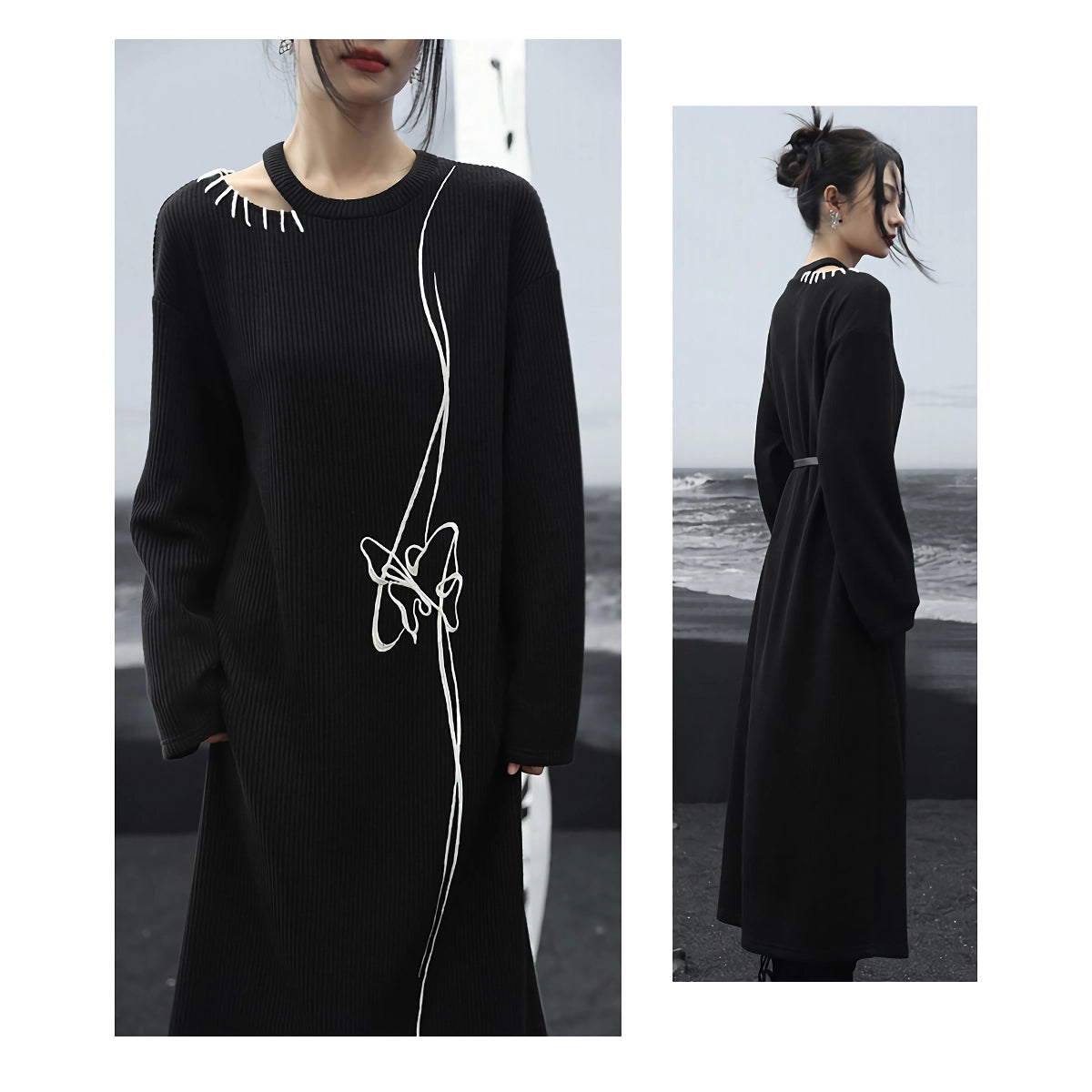 Schickes schwarzes Strickpulloverkleid mit Stickerei für Damen