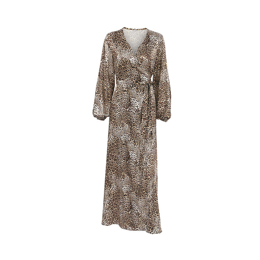 Vestido tipo manta con estampado de leopardo estilo europeo y americano, escote en V, mangas farol, falda de satén en forma de A