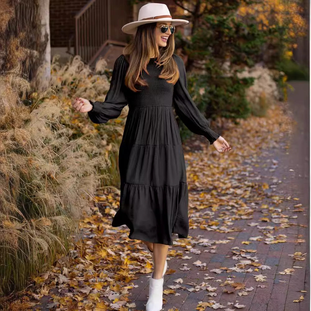 Vestido fruncido de cintura alta con cuello redondo, estilo retro francés, elegante, estilo europeo y americano