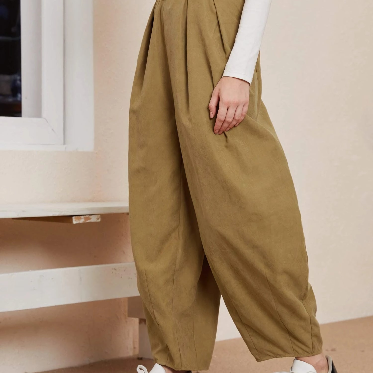 Freizeithose aus Baumwolle mit hoher Taille und Taschen - Locker sitzende Herbsthose