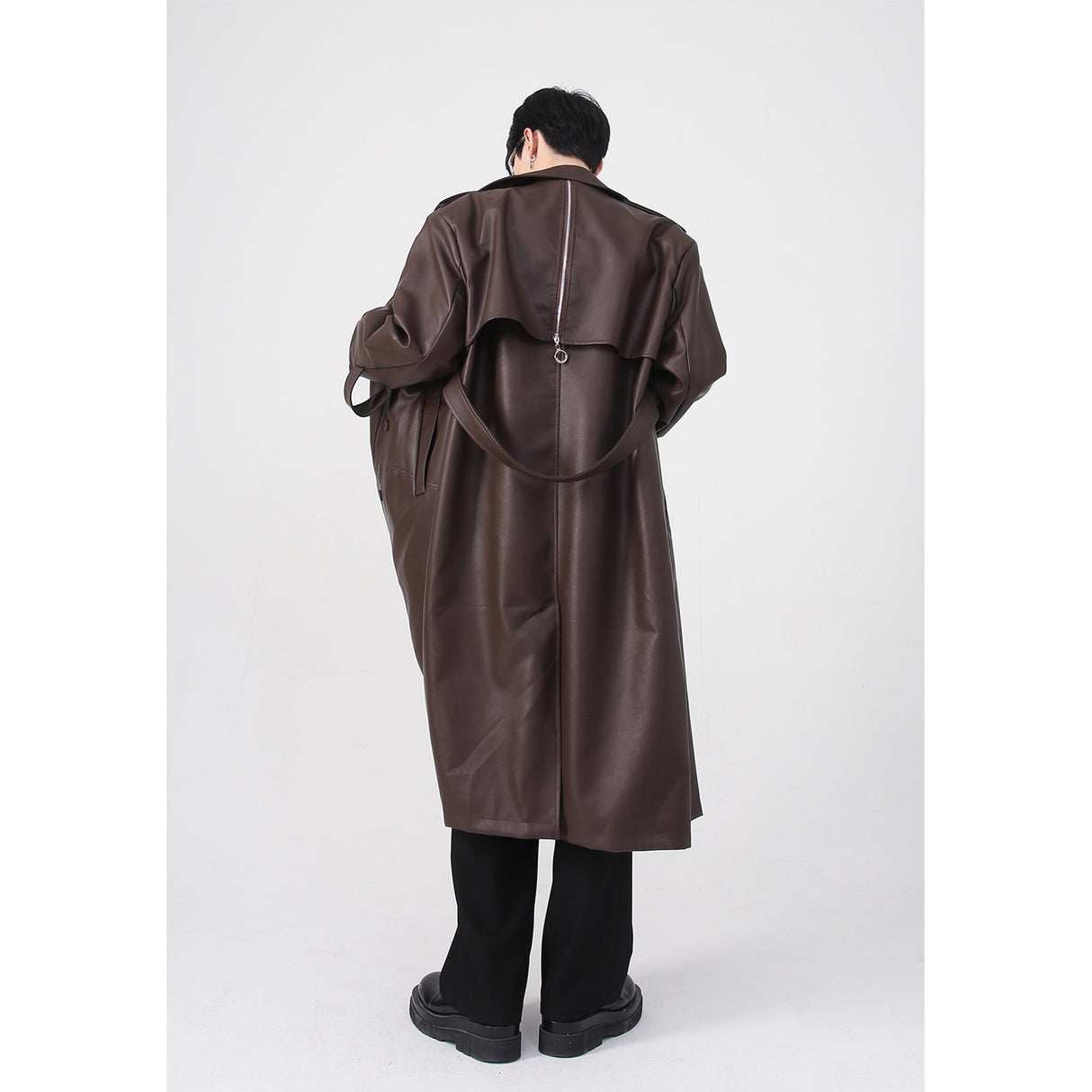 Design Sense Metal Zipper PU Shoulder Pad Medium Length Coat