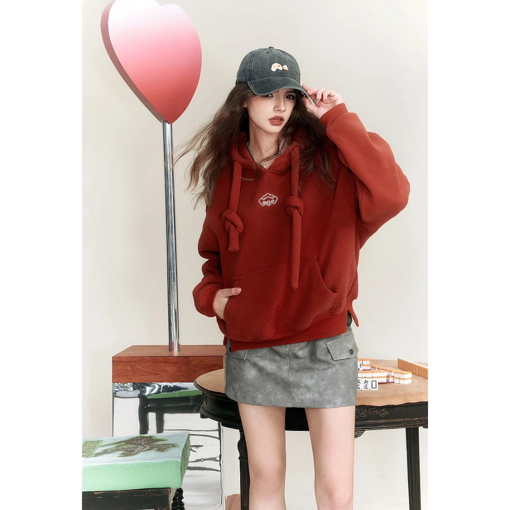 Fleece-Hoodie mit geometrischem Muster und Kapuze in Übergröße