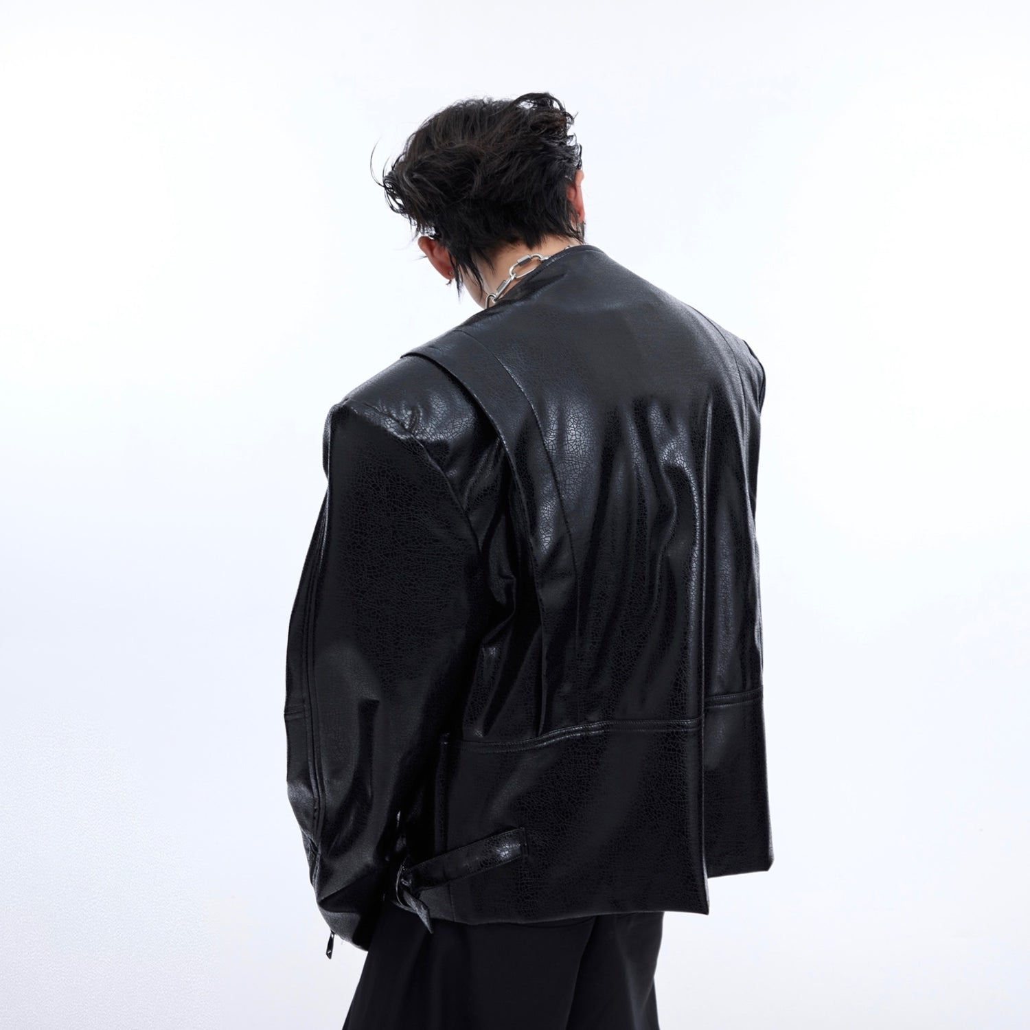 Texture Sense Padded Shoulder Leather Coat Men