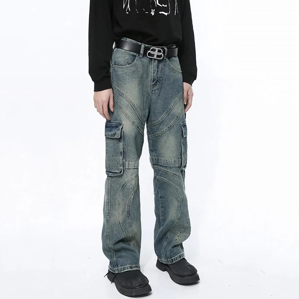 Herren-Jeanshose mit weitem Bein und Patchwork-Farbverlauf