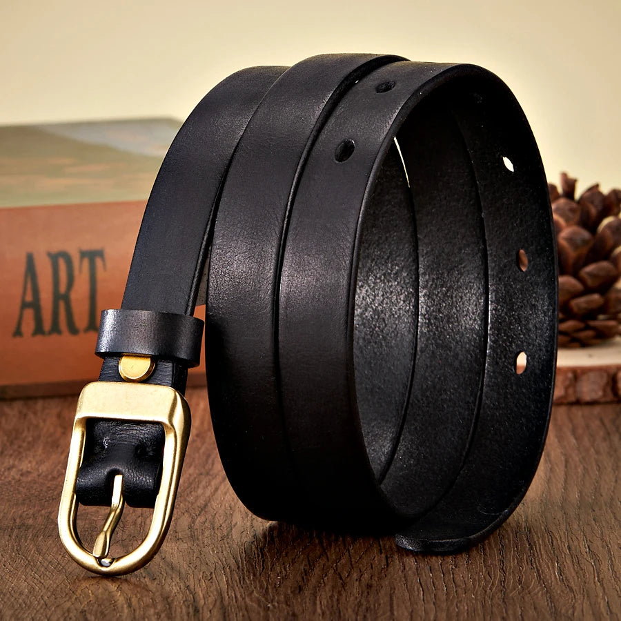 Cinturón fino de piel auténtica de 1,8 cm para mujer con hebilla de cobre