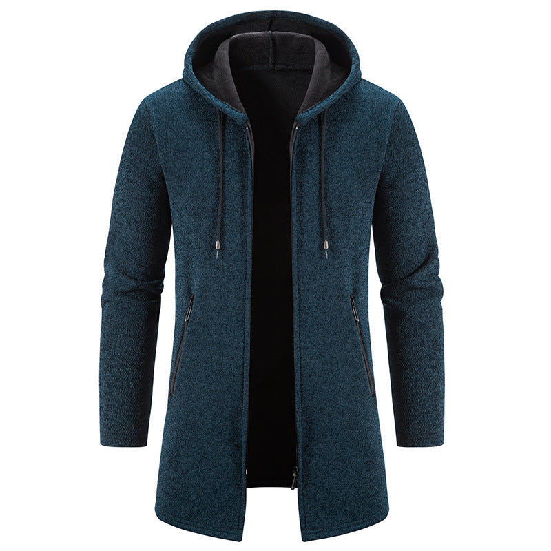 Chaqueta con capucha de longitud media para hombre, de color sólido, de moda, con forro polar grueso y otoño e invierno