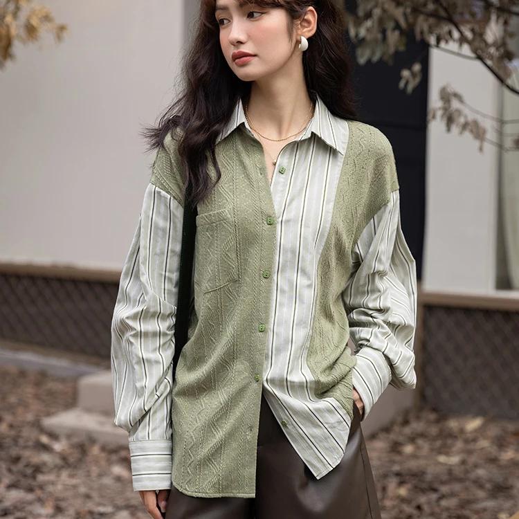 Herbst Koreanische Strick Patchwork Gestreiften Turndown Kragen Casual Tops für Frauen