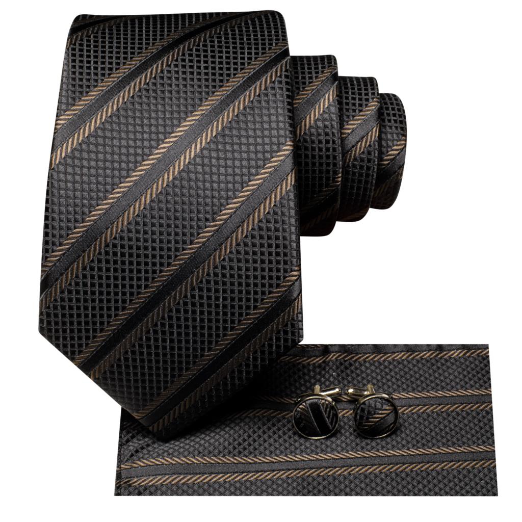 Conjunto de corbata de rayas negras y marrones con pañuelo y gemelos
