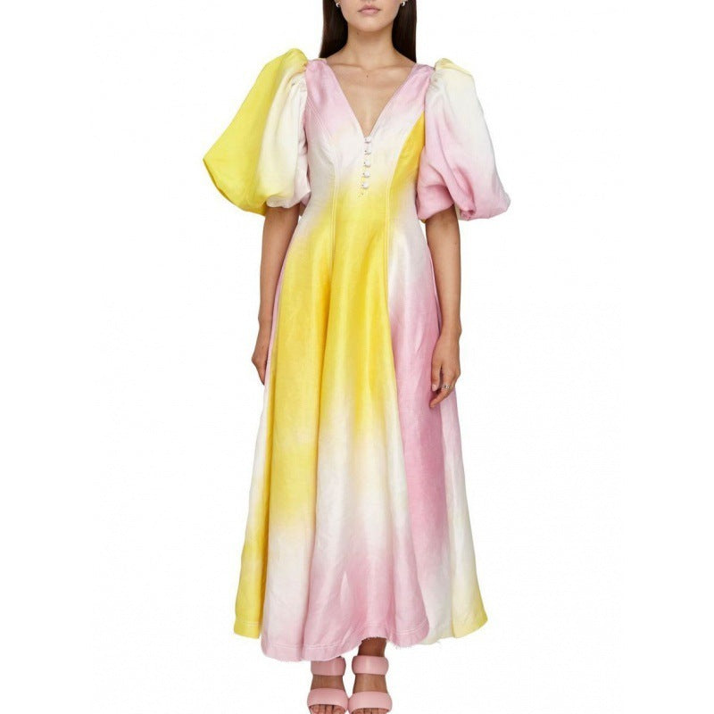 GY24153 Modisches Kleid mit V-Ausschnitt und Laternenärmeln