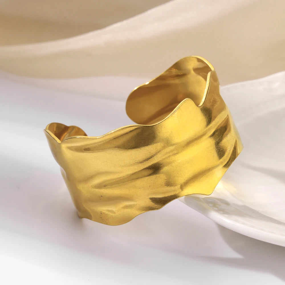 Stainless Steel Irregular Wide Gold Bangle - Vintage Classic Bracelet for Women