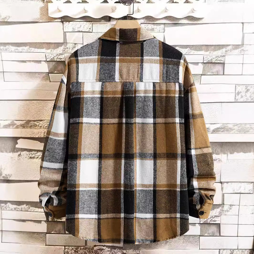 Camisa de franela de manga larga con cuadros cepillados entallados para hombre otoño-invierno