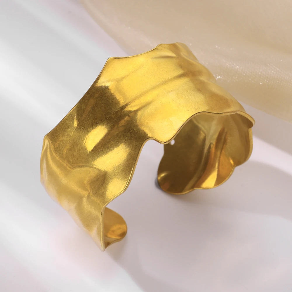 Stainless Steel Irregular Wide Gold Bangle - Vintage Classic Bracelet for Women