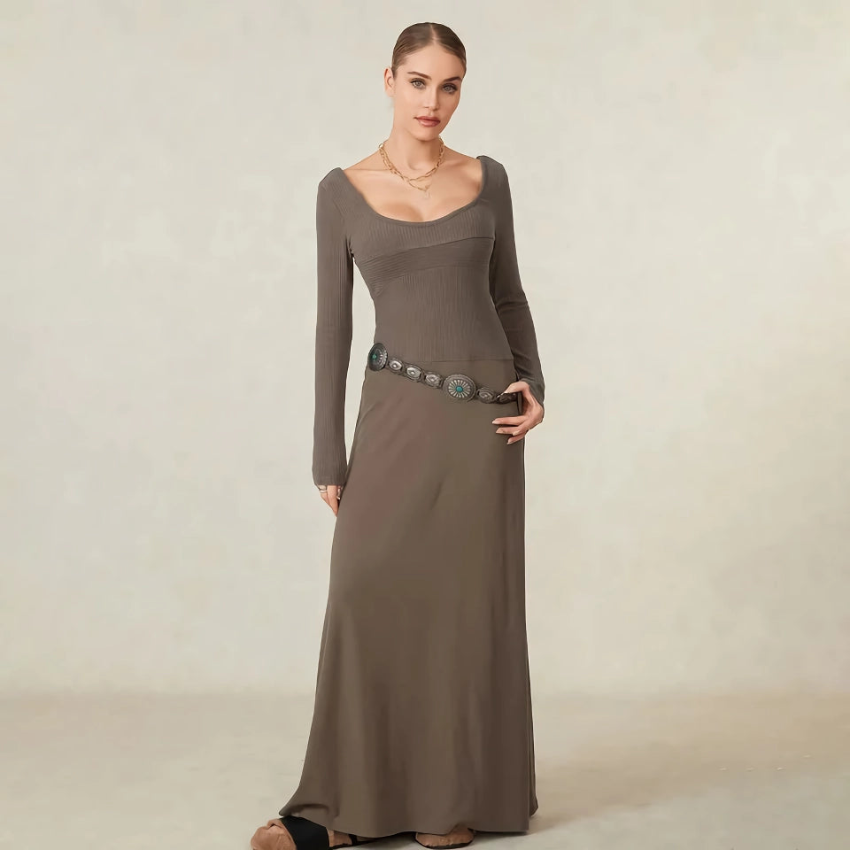 Elegante vestido largo de punto de otoño para mujer con escote cuadrado