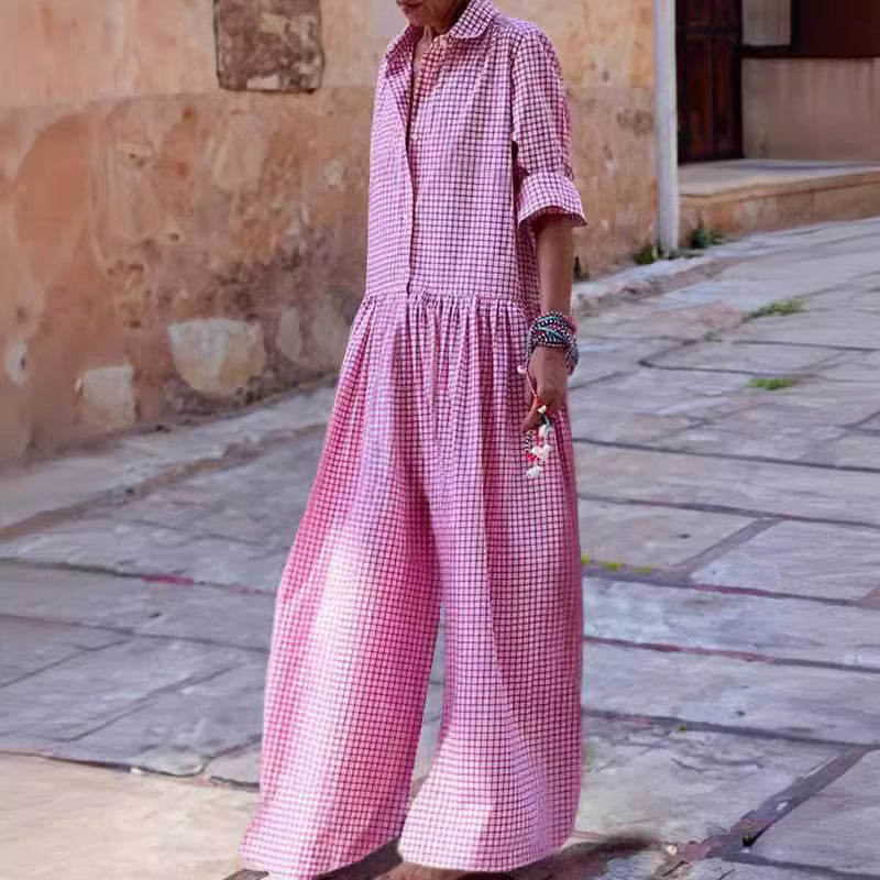 Mono de manga larga con cuello tipo blusa a cuadros con estampado de moda