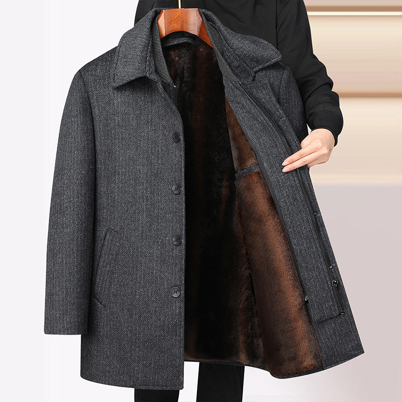 Herren Wollmantel Mittellang Fleece Plaid Abnehmbarer Doppelkragen