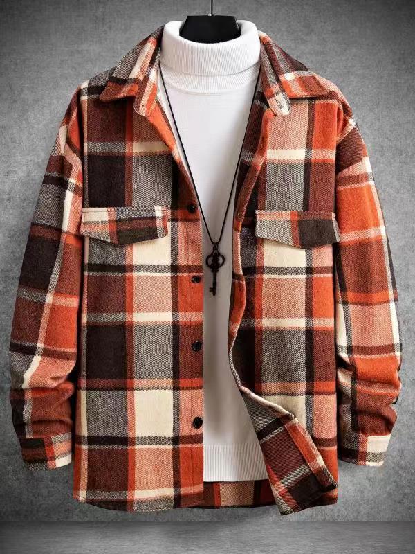 Camisa de franela de manga larga con cuadros cepillados entallados para hombre otoño-invierno