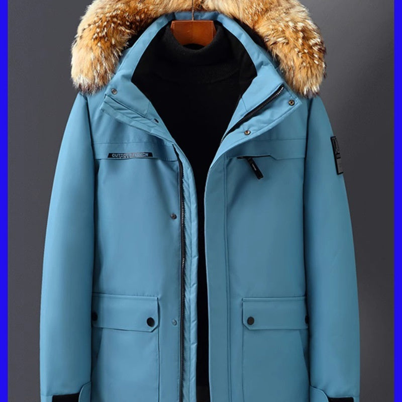 Chaqueta de plumón de pato para hombre, de longitud media, gruesa, con cuello de piel grande