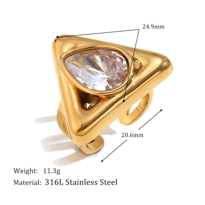 Anillo ajustable triangular con diamantes de imitación chapado en oro de 18 k - Acero inoxidable resistente al deslustre