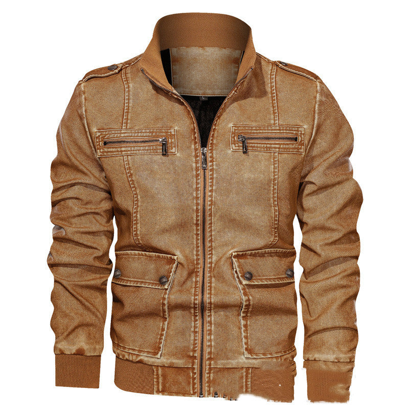 Chaqueta de cuero sintético 3D con solapa de color liso para hombre