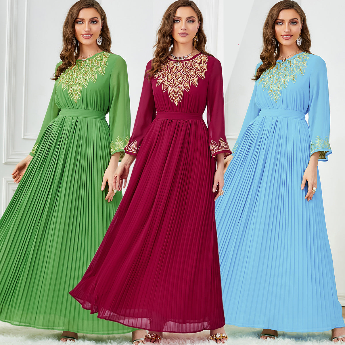 Damenmode Falten Stickerei Perlen Dubai Kleid