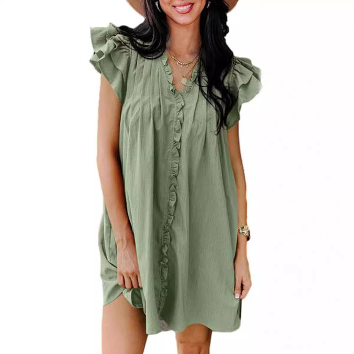 Vestido de mujer de manga corta con volantes y escote en V a la moda europea y americana