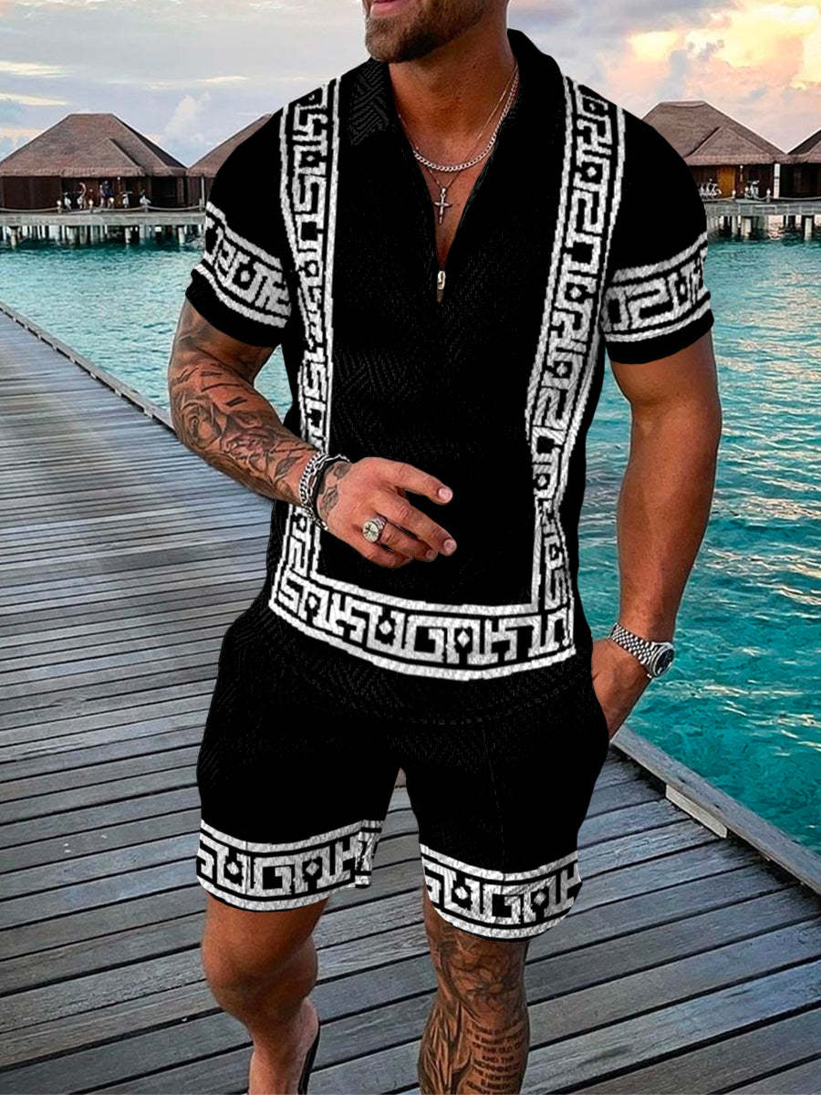 Conjunto de camisa con solapa y cremallera con estampado geométrico de manga corta en 3D de moda de verano para hombre