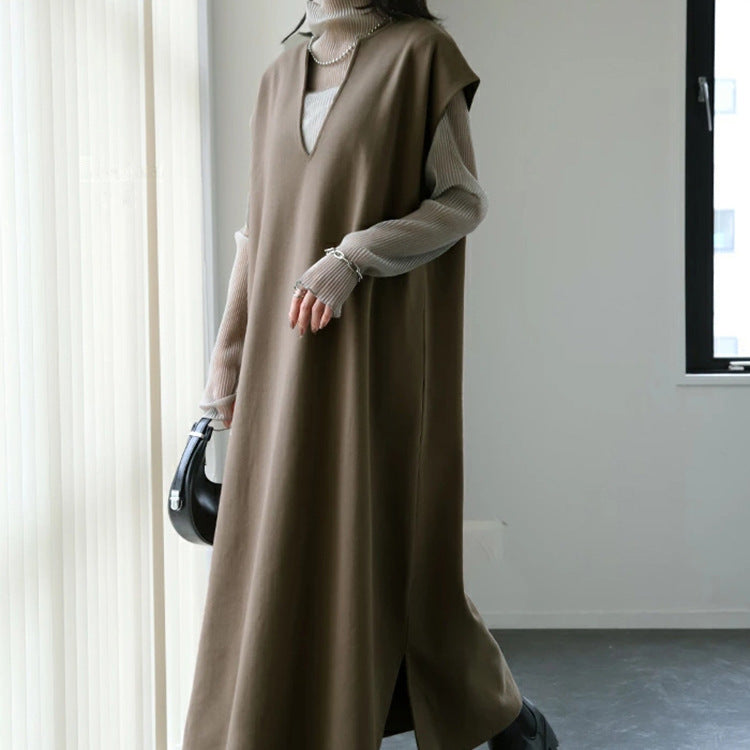 Vestido de lana con escote en V japonés y coreano para otoño e invierno