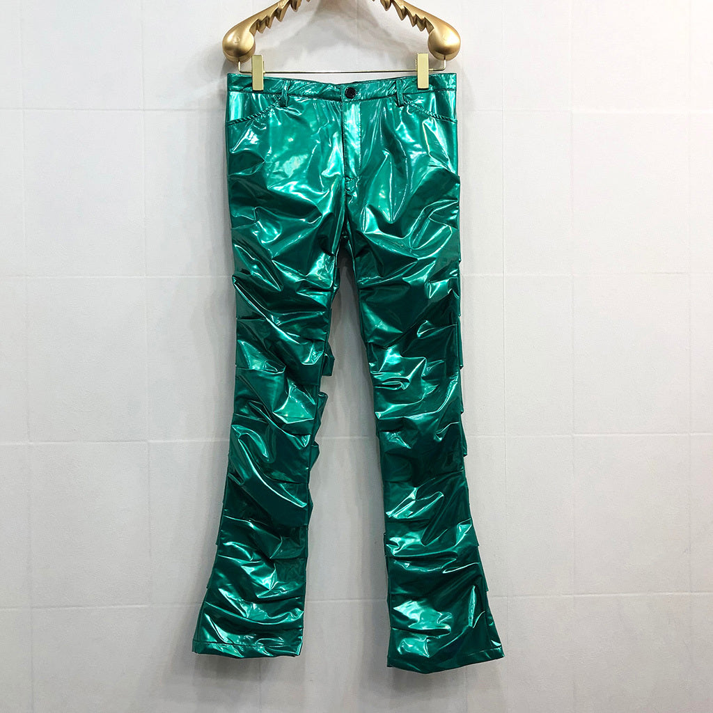 Pantalones de cuero acampanados plisados con espejo reflectante brillante sexy para hombres