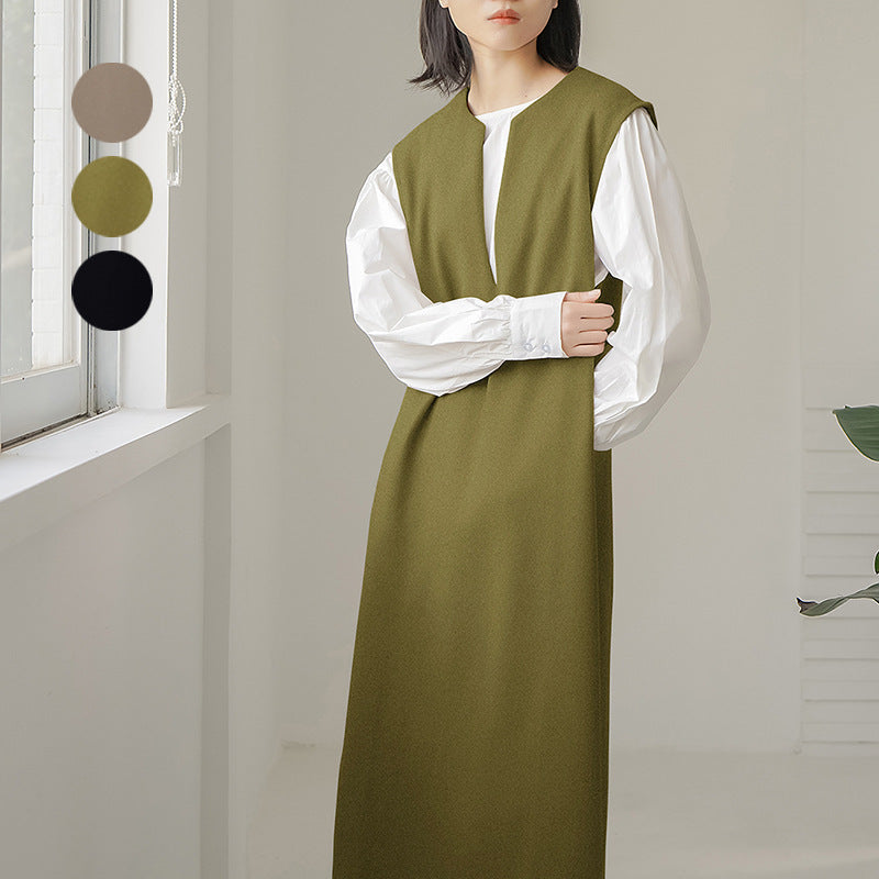 Vestido tipo chaleco sin mangas de color liso con escote en V para mujer