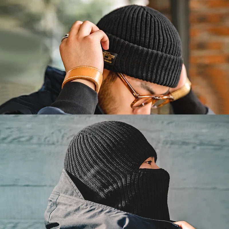 Unisex Winter Strickmütze aus Wolle mit Schal und Sturmhaube