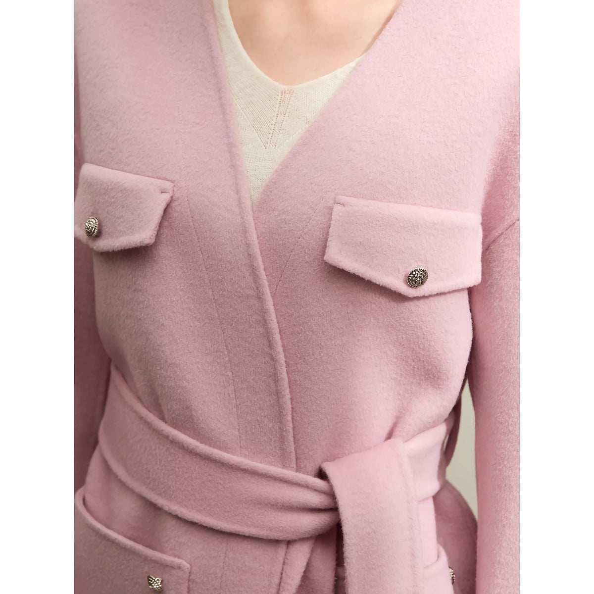 Elegante abrigo de lana para mujer: chaqueta térmica con cuello en V y cinturón