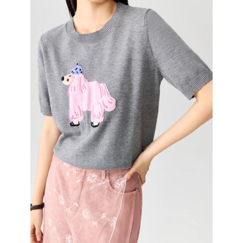 Süßes T-Shirt mit Cartoon-Stickerei für Damen