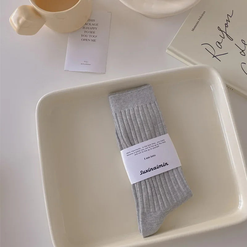 Calcetines altos de estilo japonés para mujer de punto de algodón