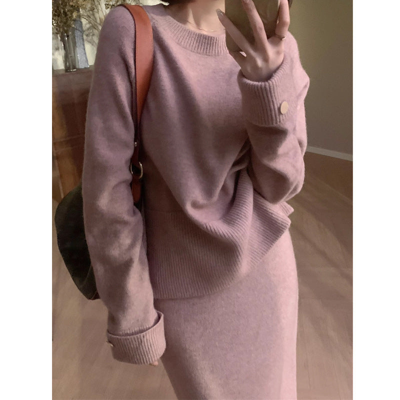 Vestido de punto interior rosa para mujer, otoño e invierno, para llevar un traje completo