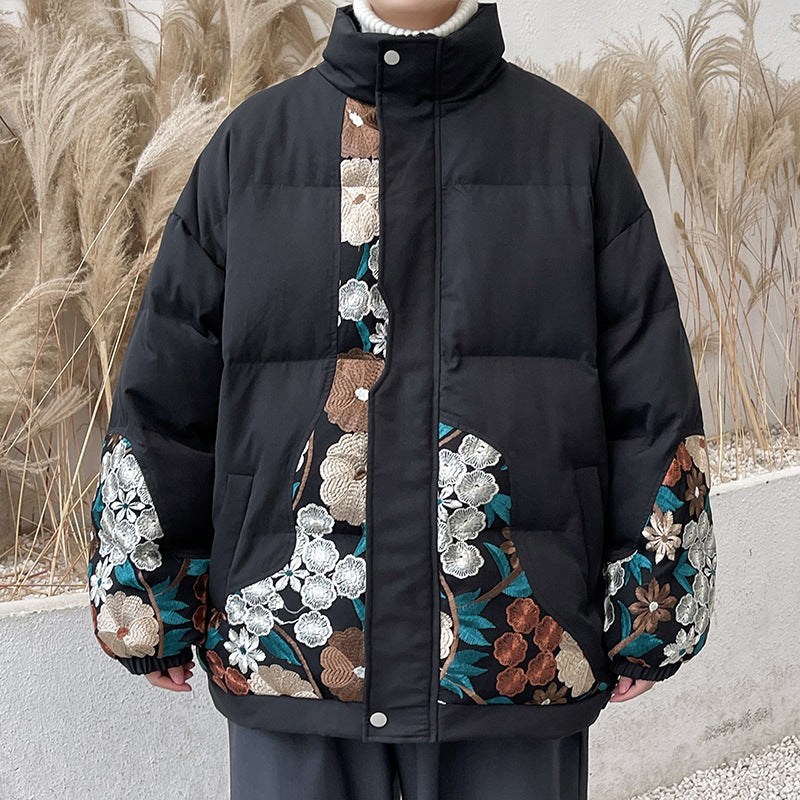 Verdickter, warmer Baumwollmantel mit besticktem Stehkragen