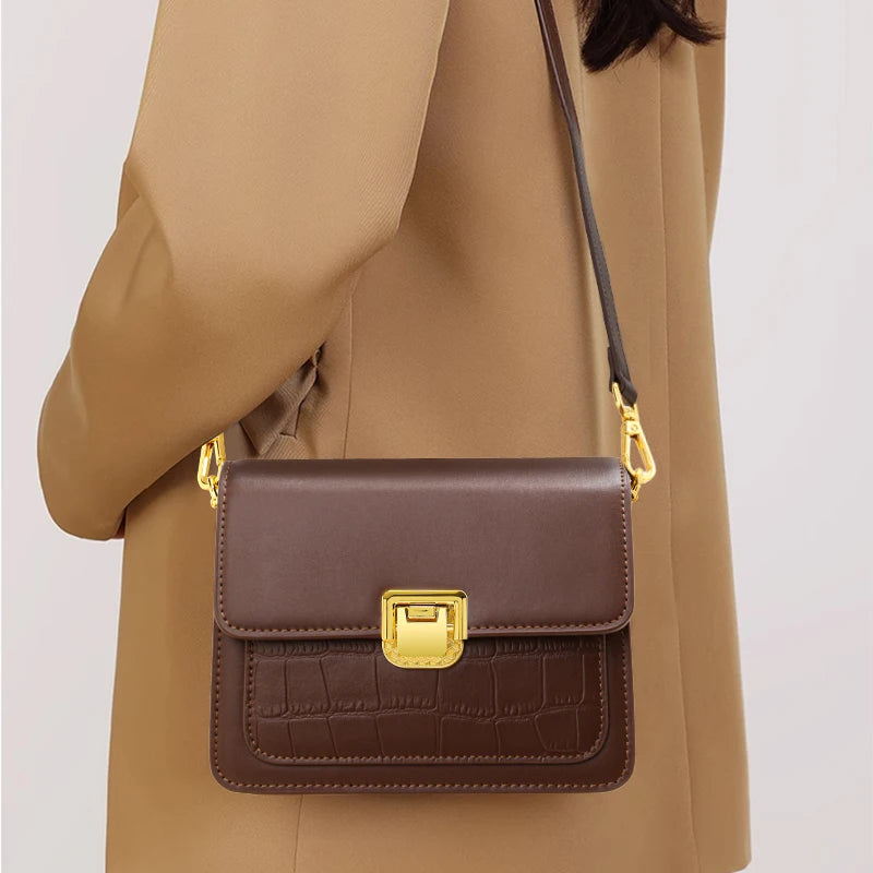 Bolso bandolera cuadrado elegante con estampado de cocodrilo: bolso de hombro de piel de vaca para mujer