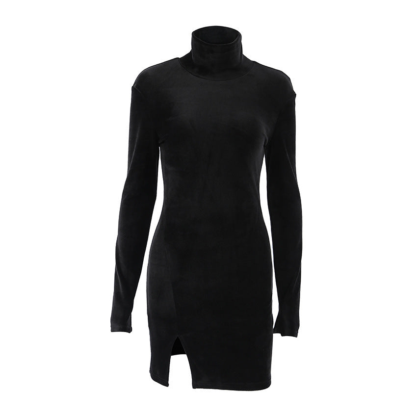Schwarzes, langärmliges Rollkragenkleid aus Silberfuchssamt
