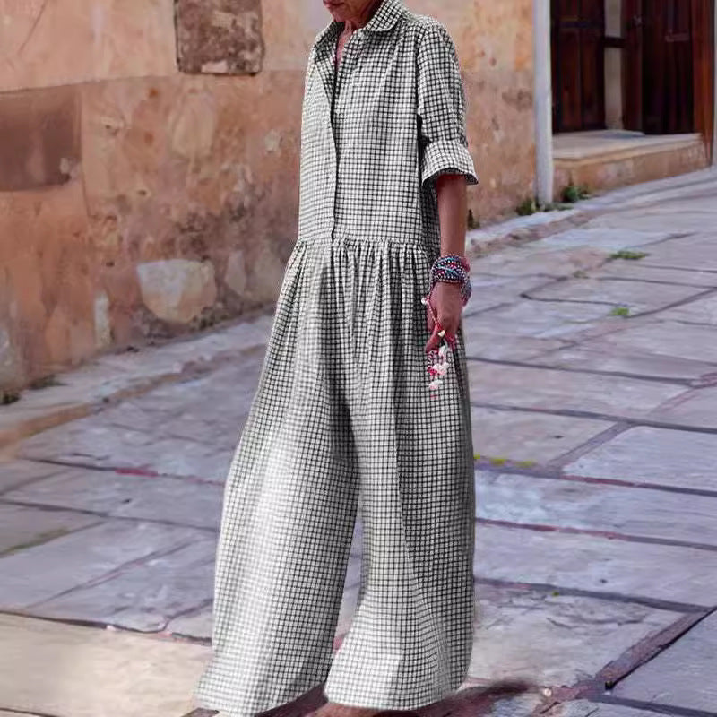 Mono de manga larga con cuello tipo blusa a cuadros con estampado de moda