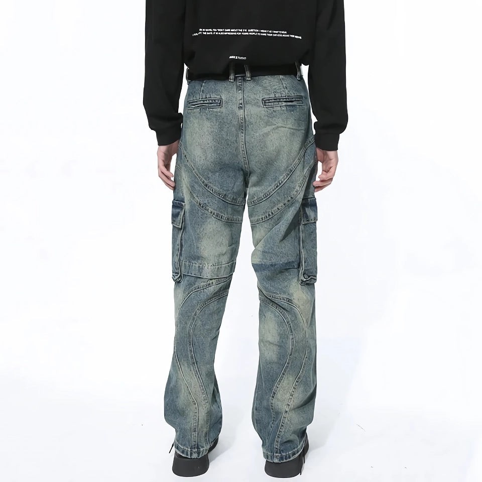 Herren-Jeanshose mit weitem Bein und Patchwork-Farbverlauf