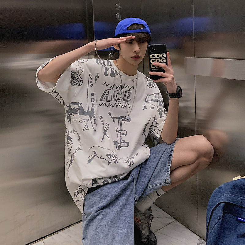Hermosa camiseta de manga corta con estampado completo y cuello redondo con letras
