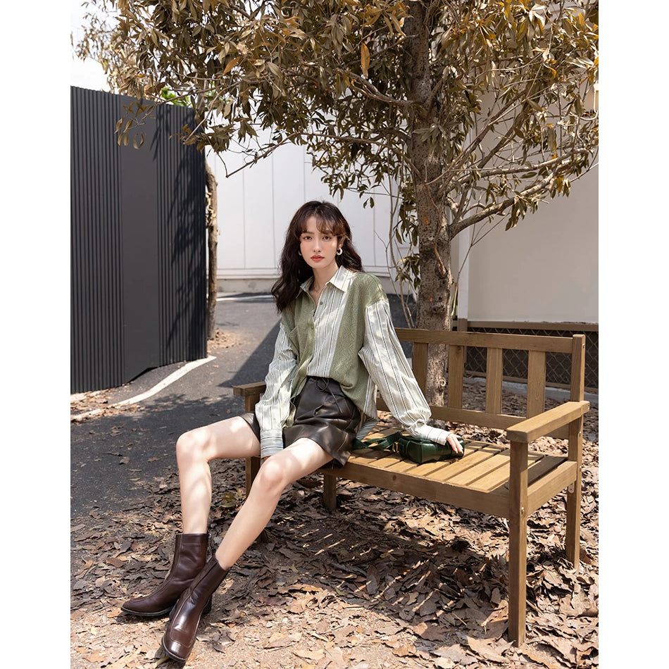 Herbst Koreanische Strick Patchwork Gestreiften Turndown Kragen Casual Tops für Frauen