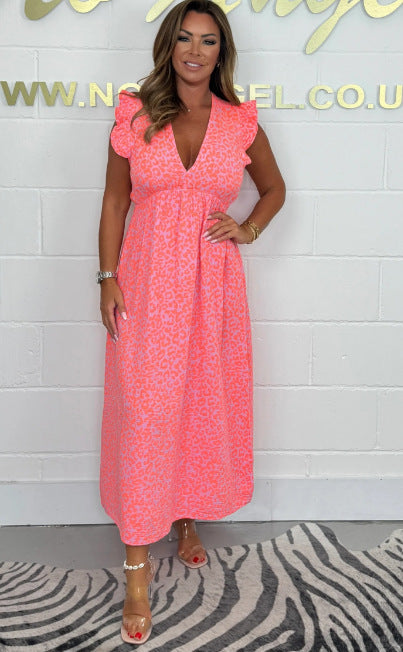 Damen Temperament Bedrucktes Taillenenges Kleid in Rosa mit Leopardenmuster