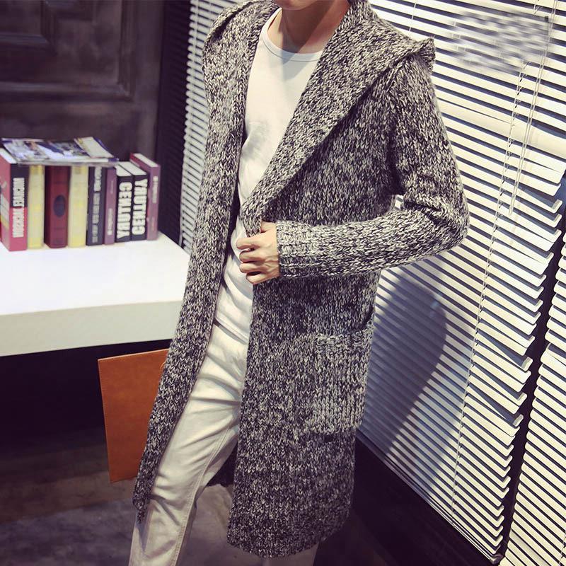 Suéter holgado largo de mohair con capucha para hombre, chaqueta de punto con bolsillo a la moda