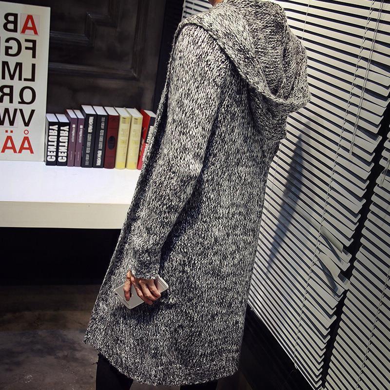 Suéter holgado largo de mohair con capucha para hombre, chaqueta de punto con bolsillo a la moda