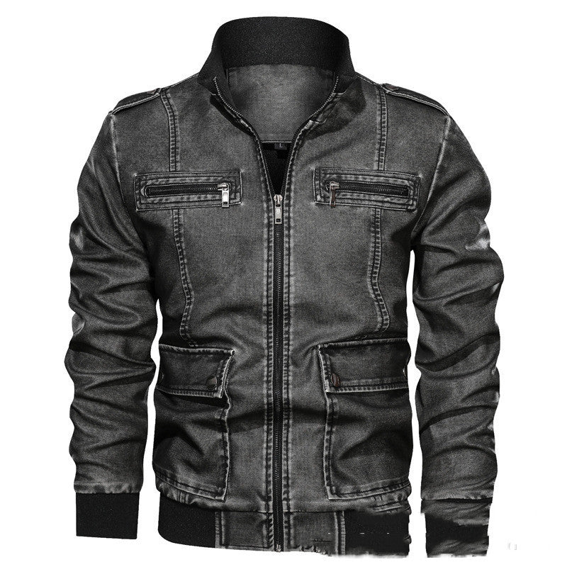 Chaqueta de cuero sintético 3D con solapa de color liso para hombre